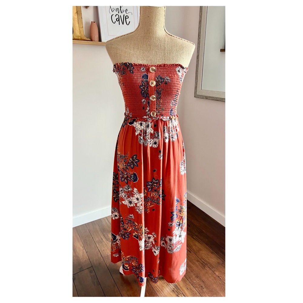 Angie Brick Orange Floral Smocked Button Front Maxi Dress - Picture 4 of 10